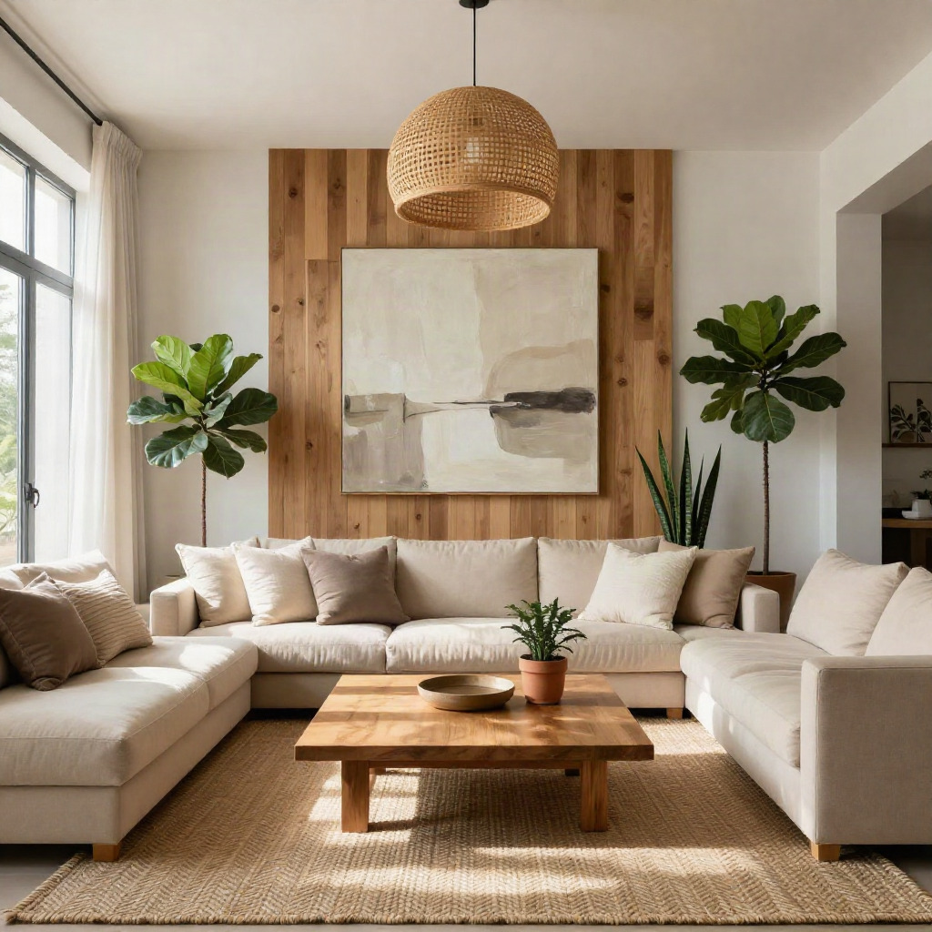 Warm Wood Accents with Soft Textiles — Modern Living Room Ideas With Natural Wood and Neutral Tones