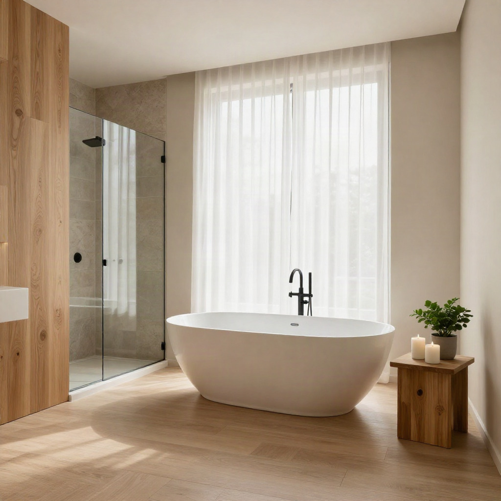 Wood Accented Freestanding Bathtub — Bathroom Decor Ideas With Neutral Colors and Wood Accents